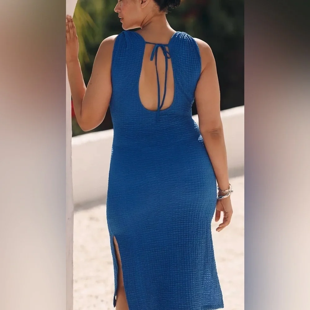 Anthropologie Celandine Textured Fitted Midi Blue Dress